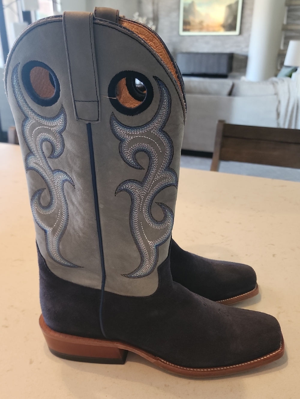 Men's Horse Power Blue Suede Western Boots with Light Gray Shaft - Picture 3 of 5